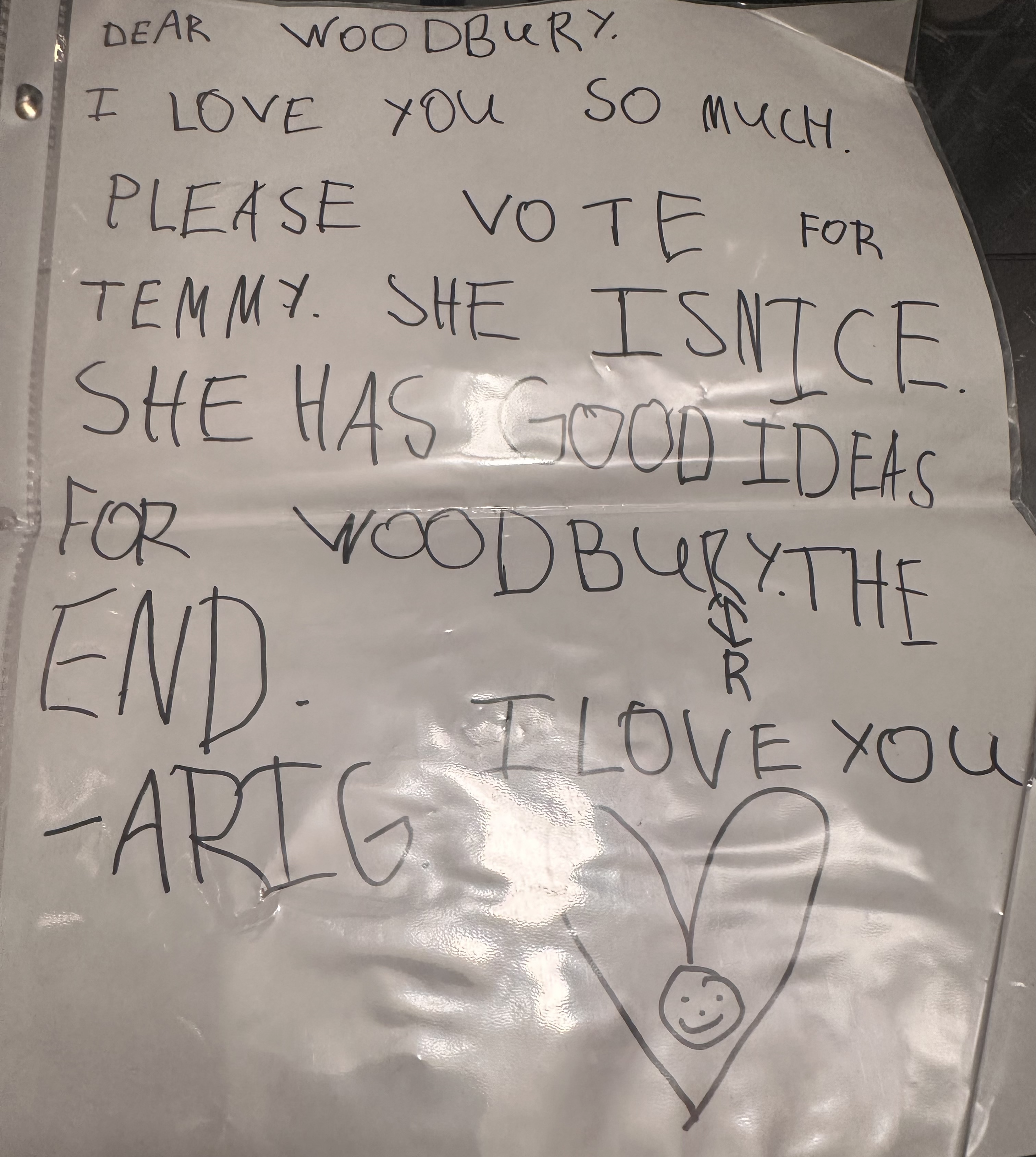 A child's written endorsement for candidate Temmy.